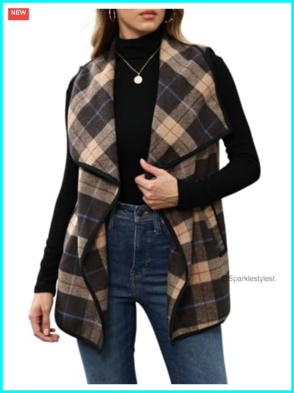 Plaid Vest Lapel Open Front Sleeveless Cardigan Asymmetric Hem